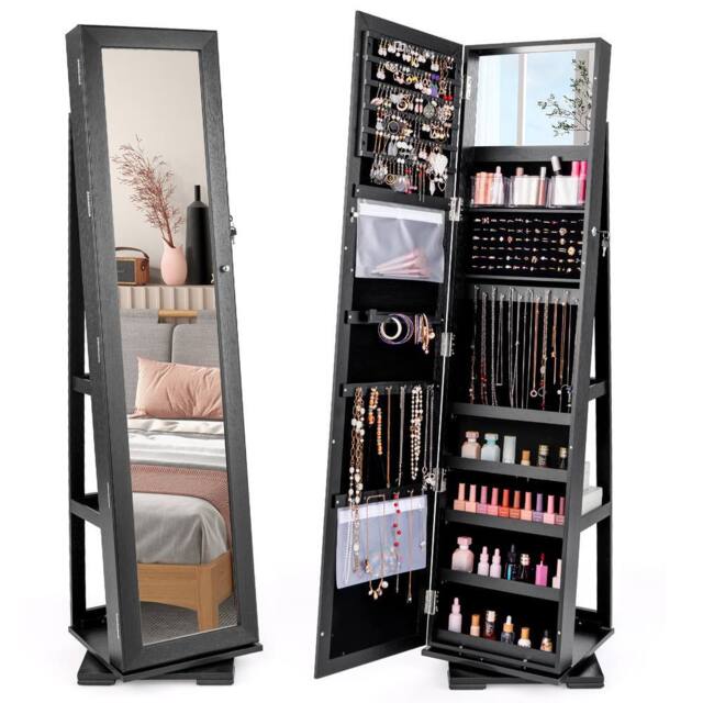 Gymax 3-in-1 Jewellery Mirror Cabinet 360° Swivel Mirrored Jewelry Armoire in Black - image 1