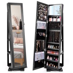 Gymax 3-in-1 Jewellery Mirror Cabinet 360° Swivel Mirrored Jewelry Armoire in Black - thumbnail 1