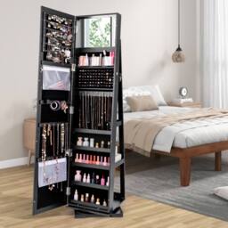 Gymax 3-in-1 Jewellery Mirror Cabinet 360° Swivel Mirrored Jewelry Armoire in Black - thumbnail 3