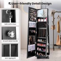 Gymax 3-in-1 Jewellery Mirror Cabinet 360° Swivel Mirrored Jewelry Armoire in Black - thumbnail 7