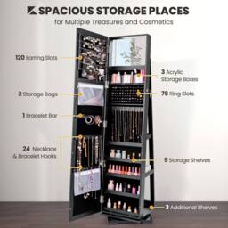 Gymax 3-in-1 Jewellery Mirror Cabinet 360° Swivel Mirrored Jewelry Armoire in Black - thumbnail 9