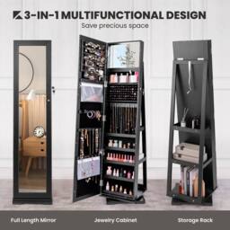 Gymax 3-in-1 Jewellery Mirror Cabinet 360° Swivel Mirrored Jewelry Armoire in Black - thumbnail 4