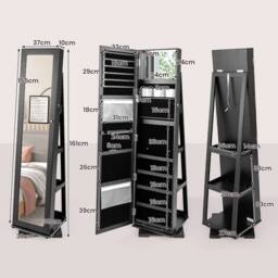 Gymax 3-in-1 Jewellery Mirror Cabinet 360° Swivel Mirrored Jewelry Armoire in Black - thumbnail 2