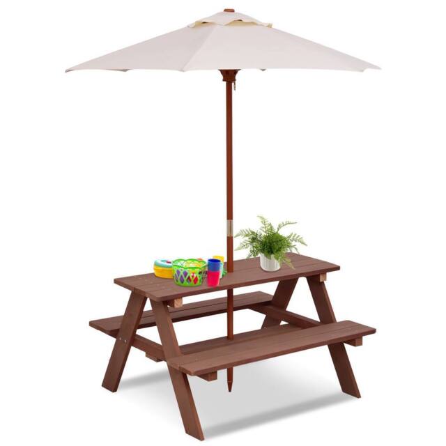 Gymax Outdoor Activity Table Picnic Table With Removable Umbrella for Garden in Brown - image 1