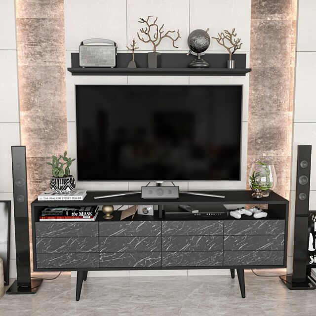 Decorotika Ola 160cm Wide TV Stand Media Console with Wall Shelf for TVs up to 72 inch in Black - image 1