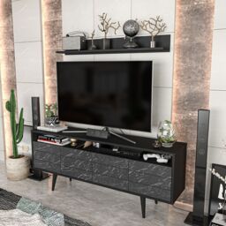 Decorotika Ola 160cm Wide TV Stand Media Console with Wall Shelf for TVs up to 72 inch in Black - thumbnail 3