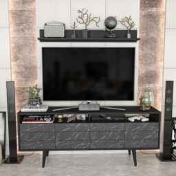 Decorotika Ola 160cm Wide TV Stand Media Console with Wall Shelf for TVs up to 72 inch in Black - thumbnail 1