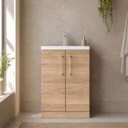 Balterley Bramshall Compact 600mm 2 Door Bleached Oak Unit With Poly Basin in Brown - thumbnail 5