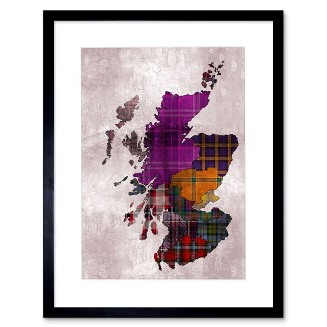 "Artery8 Wall Art Print Painting Map Outline Scotland Tartan Inset Regions Artwork Framed 9X7 Inch in Black - Size: W7"" x H9""" - image 1