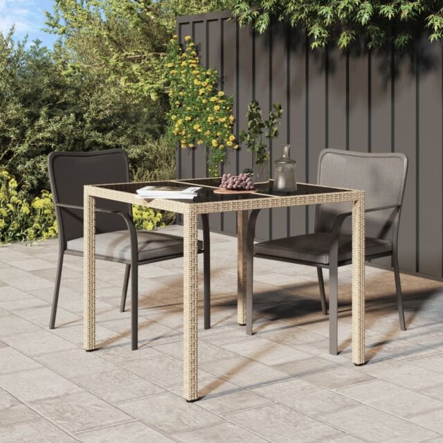 Berkfield Home Garden Table 90x90x75 cm Tempered Glass & Poly Rattan Beige - Size: 90 x 90 x 75 cm - image 1