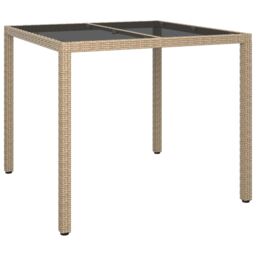 Berkfield Home Garden Table 90x90x75 cm Tempered Glass & Poly Rattan Beige - Size: 90 x 90 x 75 cm - thumbnail 2
