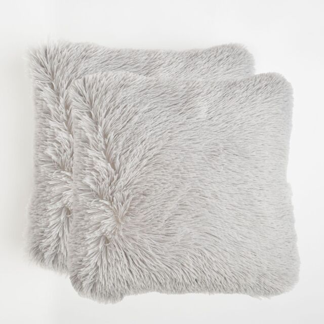 OHS Set of 2 Fluffy Shaggy Filled Cushion with Cover Square in Silver - Size: 45 cm x 45 cm - image 1