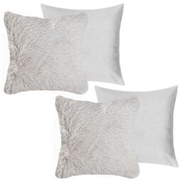 OHS Set of 2 Fluffy Shaggy Filled Cushion with Cover Square in Silver - Size: 45 cm x 45 cm - thumbnail 2