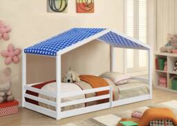 Comfy Living Ltd 3ft Wooden House Bed With Blue Tent in White - Size: Single - thumbnail 1
