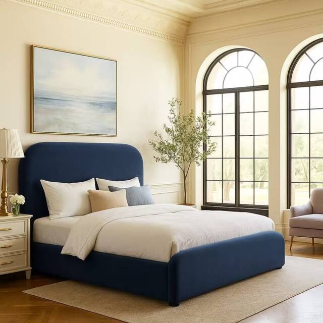 PARADISE BEDS LTD Luxury Upholstered Bed Frame with Curved Headboard in Blue - Size: Single - image 1