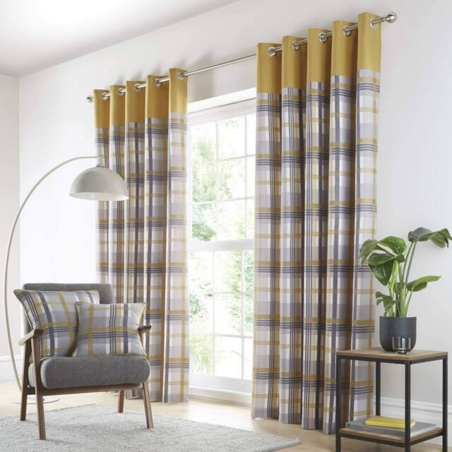 Portfolio Home Orleans Tartan Check Fully Lined Eyelet Curtains 2 Panel Pair in Yellow - Size: 168 cm width x 137 cm drop