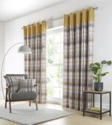 Portfolio Home Orleans Tartan Check Fully Lined Eyelet Curtains 2 Panel Pair in Yellow - Size: 168 cm width x 137 cm drop - thumbnail 2