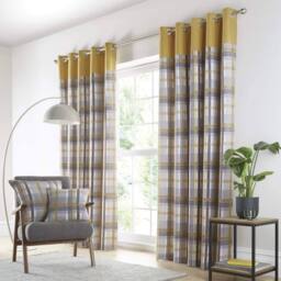 Portfolio Home Orleans Tartan Check Fully Lined Eyelet Curtains 2 Panel Pair in Yellow - Size: 168 cm width x 137 cm drop - thumbnail 1