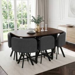 Matteo 6-Seater Square Dining Table Set with Linen Chairs - Walnut & Grey - thumbnail 2