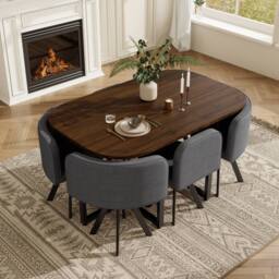 Matteo 6-Seater Square Dining Table Set with Linen Chairs - Walnut & Grey - thumbnail 4