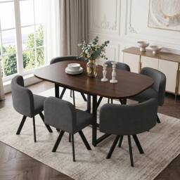 Matteo 6-Seater Square Dining Table Set with Linen Chairs - Walnut & Grey