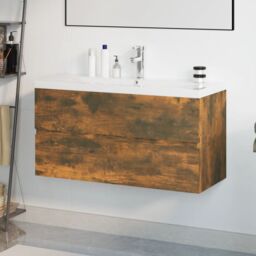 Berkfield Home Sink Cabinet with Built-in Basin Smoked Oak Engineered Wood in Brown - thumbnail 1