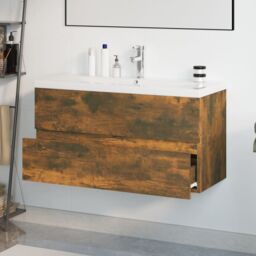 Berkfield Home Sink Cabinet with Built-in Basin Smoked Oak Engineered Wood in Brown - thumbnail 4
