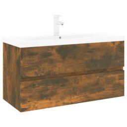 Berkfield Home Sink Cabinet with Built-in Basin Smoked Oak Engineered Wood in Brown - thumbnail 2