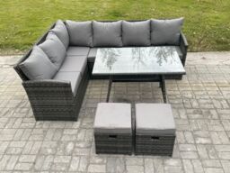 Fimous Wicker Rattan Garden Furniture Corner Sofa Set with Oblong Dining Table 2 Small Footstools 8 Seater in Dark Grey - thumbnail 2