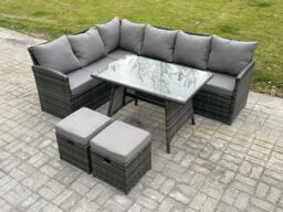Fimous Wicker Rattan Garden Furniture Corner Sofa Set with Oblong Dining Table 2 Small Footstools 8 Seater in Dark Grey - thumbnail 1