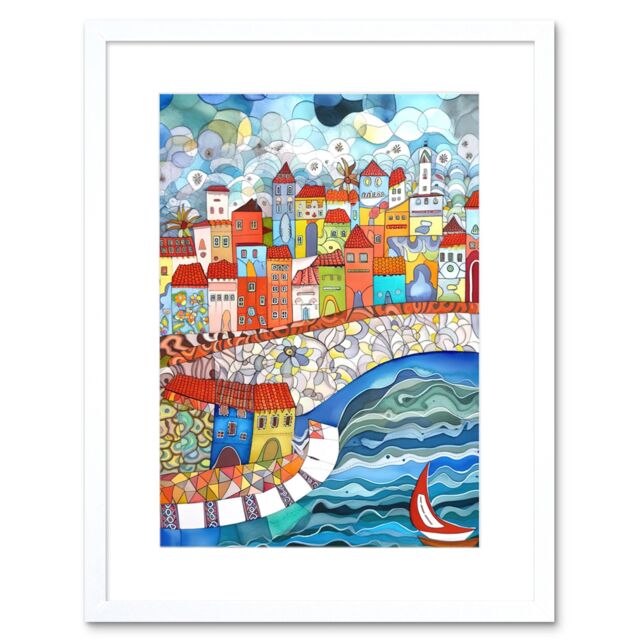 "Artery8 Wall Art Print Burano Italy Seaside Town Folk Artwork Framed 9X7 Inch in White - Size: W7"" x H9""" - image 1