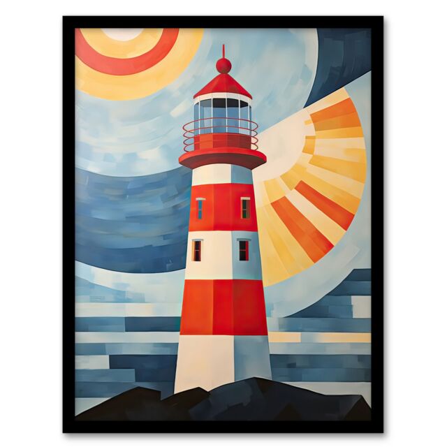 Artery8 Wall Art Print Abstract Geometric Lighthouse Oil Painting Red Orange Blue Colour Gradient Sun Rays Reflecting on Lens Artwork Framed - image 1