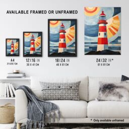 Artery8 Wall Art Print Abstract Geometric Lighthouse Oil Painting Red Orange Blue Colour Gradient Sun Rays Reflecting on Lens Artwork Framed - thumbnail 3