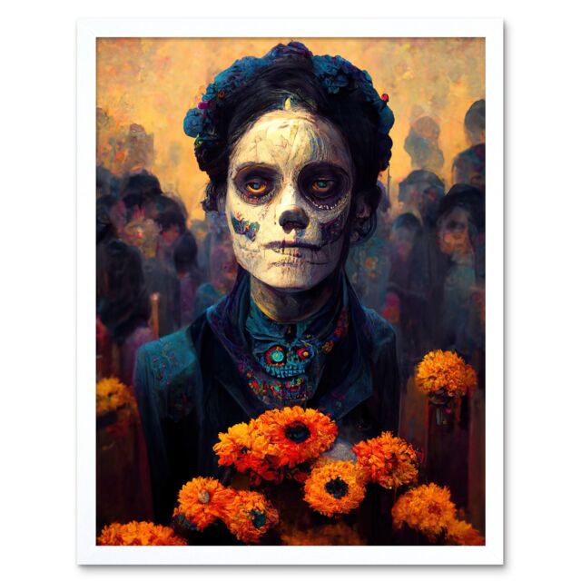 "Artery8 Wall Art Print Day Of Dead Skull Marigold Flowers Art Framed in White - Size: W12"" x H16""" - image 1