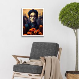 "Artery8 Wall Art Print Day Of Dead Skull Marigold Flowers Art Framed in White - Size: W12"" x H16""" - thumbnail 2