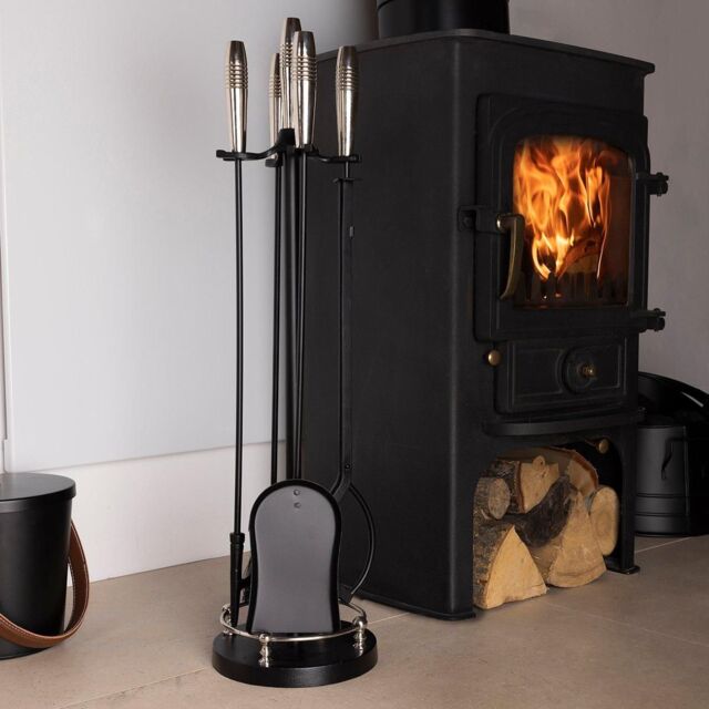Charles Bentley Sycamore Fireside Companion Set Iron Tool Stand Silver Handles Circular Base in Black - image 1