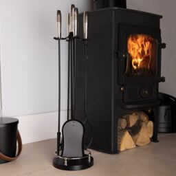 Charles Bentley Sycamore Fireside Companion Set Iron Tool Stand Silver Handles Circular Base in Black