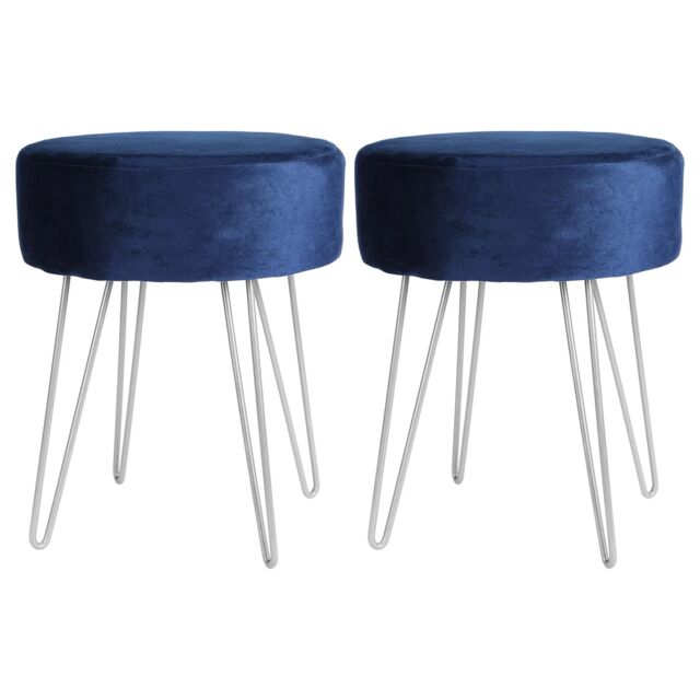 Harbour Housewares Round Velvet Footstools - H40 x D35cm - Silver Legs - Pack of 2 in Blue - image 1
