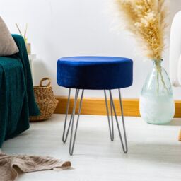 Harbour Housewares Round Velvet Footstools - H40 x D35cm - Silver Legs - Pack of 2 in Blue - thumbnail 2