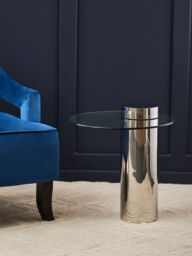 Orsina Clear Glass Side Table with Silver Base, Round Tempered Glass C‑Shape Accent Table, Steel Silver‑Finish - thumbnail 5