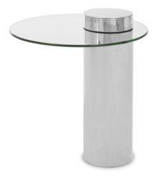 Orsina Clear Glass Side Table with Silver Base, Round Tempered Glass C‑Shape Accent Table, Steel Silver‑Finish