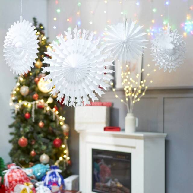 Kelvenix Pack of 12 Paper Snowflake Frozen Hanging Fan Decorations in White - Size: 1 Pack - image 1