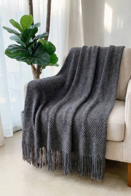 Living and Home Cozy Knitted Fringed Throw for Sofa & Bed Decor in Dark Grey - Size: 130 cm x 170 cm - image 1