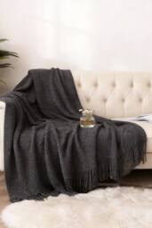 Living and Home Cozy Knitted Fringed Throw for Sofa & Bed Decor in Dark Grey - Size: 130 cm x 170 cm - thumbnail 3