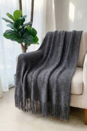 Living and Home Cozy Knitted Fringed Throw for Sofa & Bed Decor in Dark Grey - Size: 130 cm x 170 cm - thumbnail 1