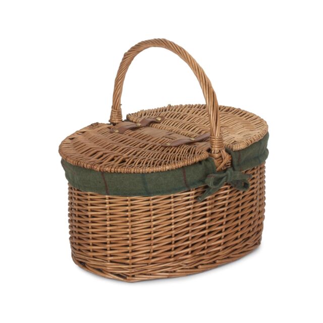Red Hamper Wicker Light Steamed Oval Cotton Lined Lidded Picnic Basket in Green - image 1