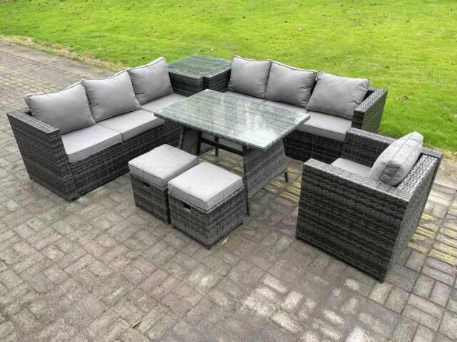 Fimous 9 Seater Rattan Outdoor Furniture Sofa Garden Dining Set with Dining Table Armchair Side Table in Dark Grey - image 1