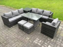 Fimous 9 Seater Rattan Outdoor Furniture Sofa Garden Dining Set with Dining Table Armchair Side Table in Dark Grey - thumbnail 1