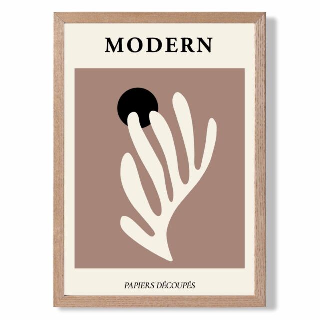 ARTZE Matisse Floral Cutout Cream & Brown Mid Century Framed Print SIZE: A4 with Oak Frame - image 1