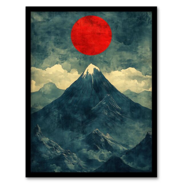 "Artery8 Japan Alps Red Sun Mountain Range Landscape Framed Art Print in Blue - Size: W12"" x H16""" - image 1